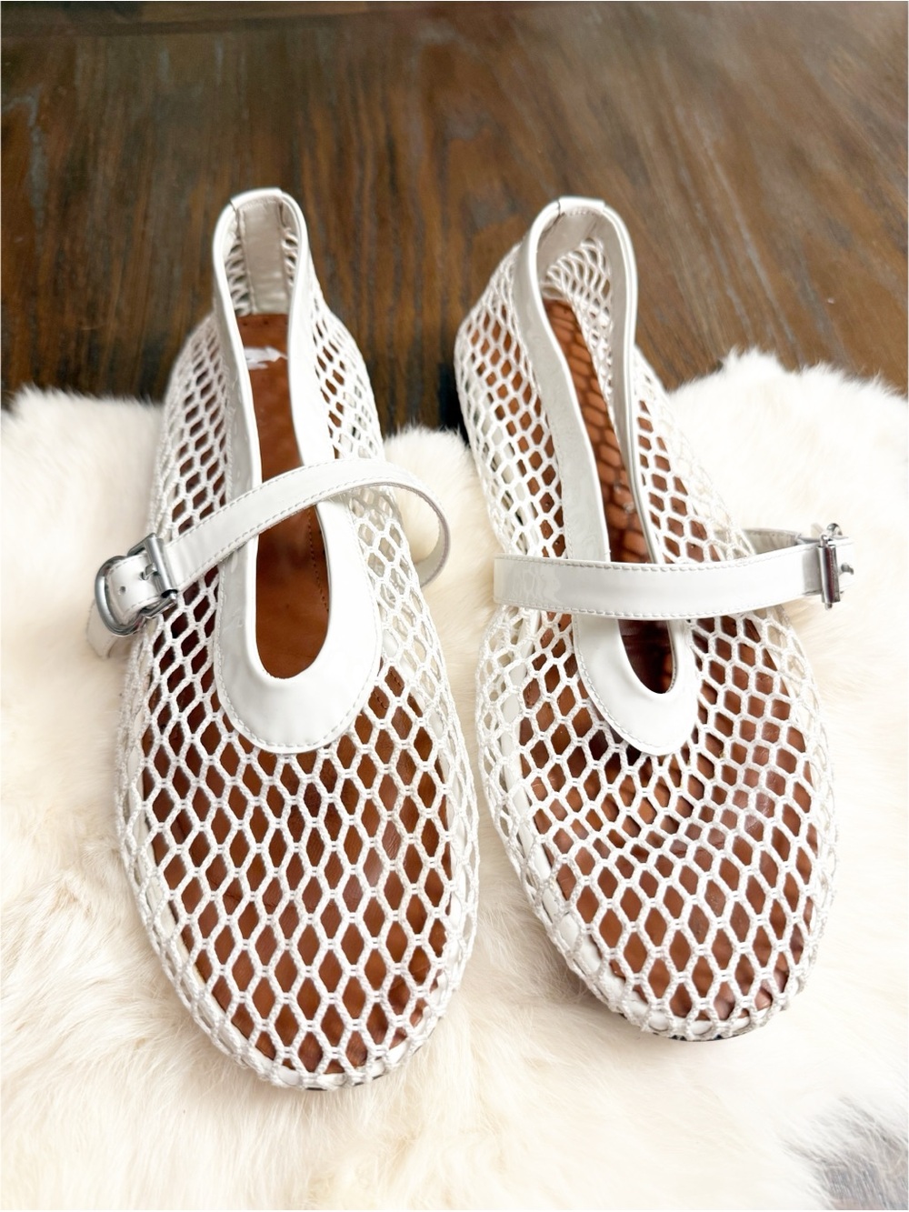 Fanetlann Women's Mesh Ballet Flats Buckle Fishnet Ballerina shoes 9